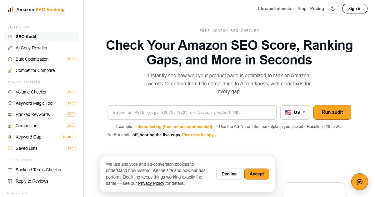 Amazon SEO Ranking is a self-serve tool that scores a listing from 0 to 100 across... For Amazon's Rufus and COSMO