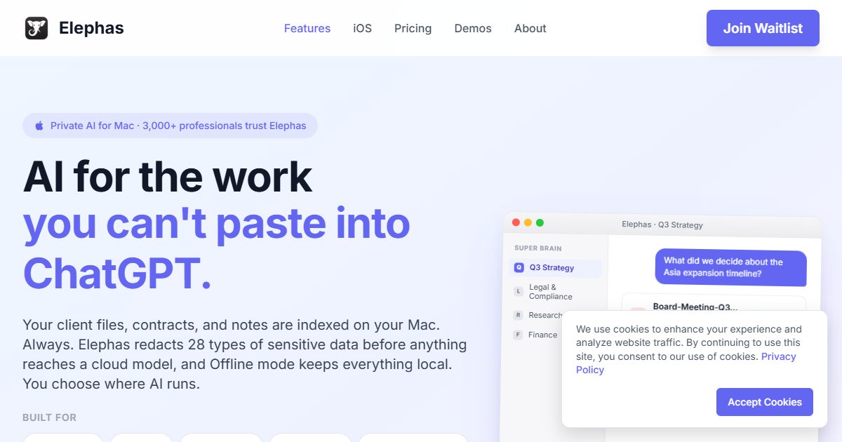 Elephas is an AI assistant that searches and writes using your files. Use the AI assistant offline, across Mac and iOS.