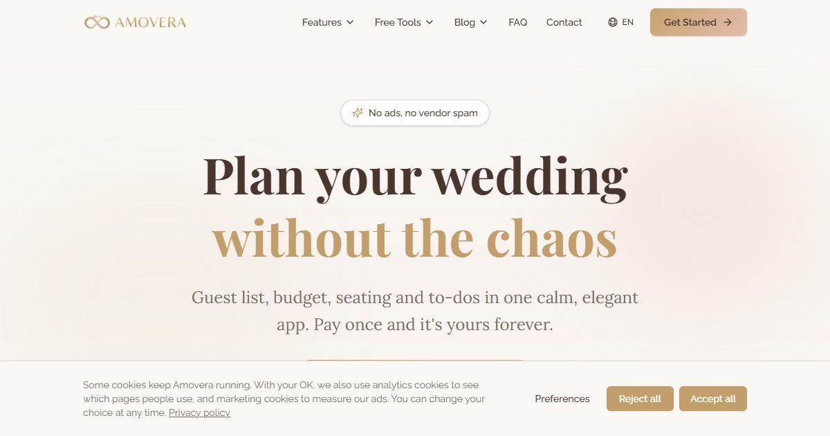 A privacy-first wedding planner with guest lists, RSVPs, budget tracking, seating, and checklists—one payment for lifeti