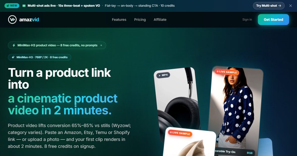 Turn any product listing photo or link into a cinematic video clip in minutes — no prompts needed.